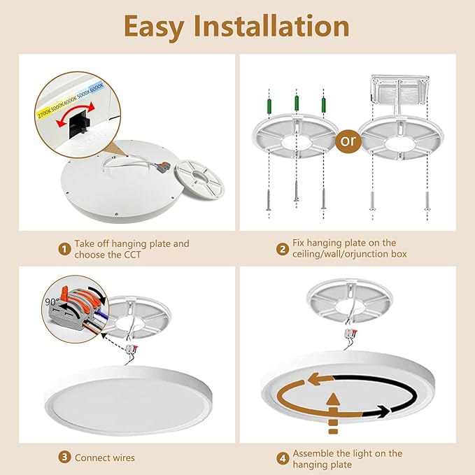 Dimmable 12Inch LED Flush Mount Ceiling Light, 24W, 2520LM, 2700K/3000K/4000K/5000K/6000K CCT Selectable,LED Round Flat Panel Light Dimmable from 5% to 100% for Bedroom,Kitchen,Hallway, White 12PK