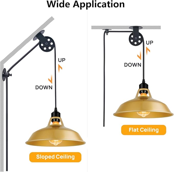 Plug in Pendant Light, Vintage Hanging Lamps with Gold Barn Shade Pendant Lighting with 14.76ft Cord On/Off Switch, Adjustable Pulley Hanging Lights for Kitchen, Bedroom, Living Room (1 Pack)