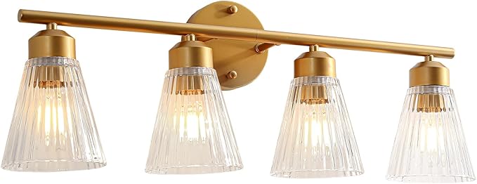 4-Light Bathroom Vanity Light, Painted Gold Bathroom Light Fixtures Over Mirror with Stripe Glass, Modern Wall Lamp, Wall Sconces Lighting for Living Room Bedroom Kitchen Hallway
