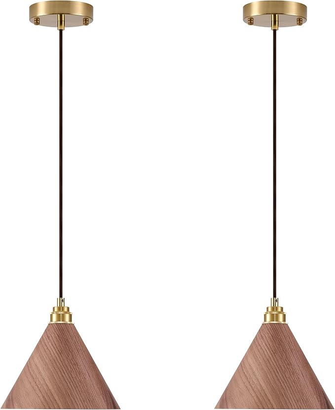 2 Pack Pendant Lights Kitchen Island, 8.3” Modern Pendant Light, Adjustable Height Wood Hanging Light, Kitchen Island Light fixtures for Dining Room, Bedroom, Hallway, Bar (Walnut)