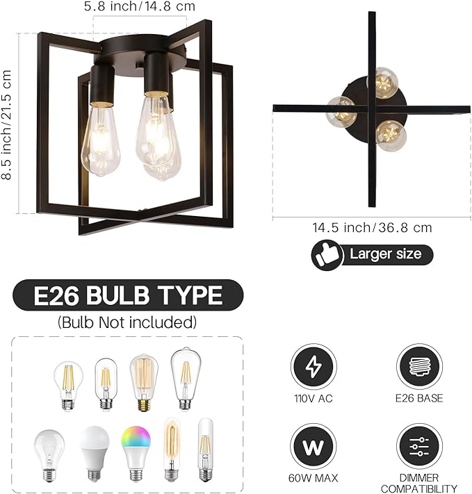 Farmhouse Industrial Ceiling Light Fixture Flush Mount, Black 3-Light Lighting, Modern Rustic Flush Mount Ceiling Lamp for Kitchen, Living Room, Bedroom, Dining Room, Hallway, Entryway, Foyer