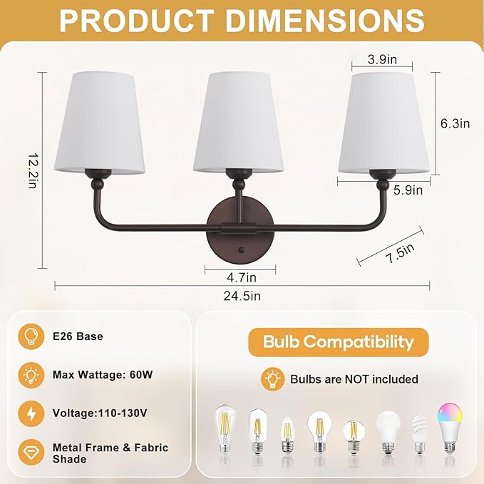 Bathroom Light Fixtures, 3-Light Oil Rubbed Bronze Vanity Lights, 24.5" Bathroom Lighting Fixtures Over Mirror with White Fabric Shade, Modern Wall Sconces for Bedroom Living Room Hallway