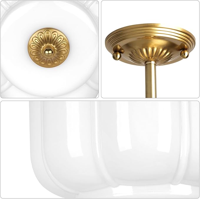 9.4" Milk Glass Semi Flush Mount Ceiling Light Fixture, Vintage Gold Ceiling Lamp for Hallway, Kitchen, Bedroom, Entryway, Antique Mid Century Lighting with Scallop Shade for Small Rooms