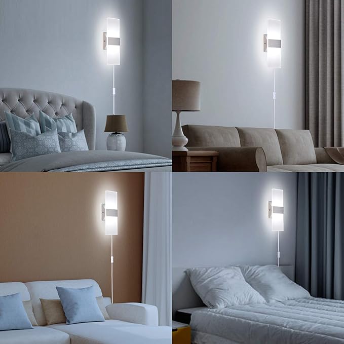 TRLIFE Modern Wall Sconces Set of 2, Wall Sconce Plug in 12W LED 6000K Cool White Acrylic Wall Mounted Light Wall Lights with 6FT Plug in Cord for Bedroom Bedside Stairway(2 Pack, Silver)