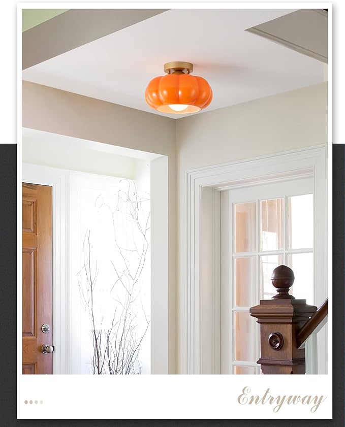 Vintage Semi Flush Mount Ceiling Light,Mid Century Modern Ceiling Light Fixtures,10 Inch Orange Glass Shade with a Gold Base,for Bedroom, Kitchen, Hallway, Entryway, and Balconie