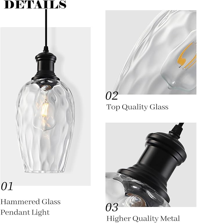Black Pendant Lights Kitchen Island, 6.3” Hammered Glass Pendant Lights, Hanging Industrial Clear Glass Pendant Light 2-Pack, Farmhouse Kitchen Pendant Light for Dining Room, Bathroom, Cafe