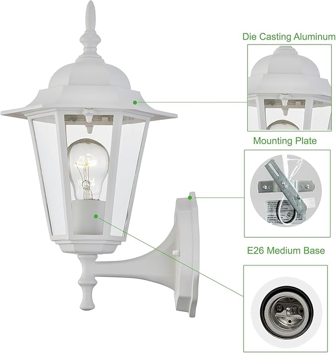 WISBEAM 2 Pack Outdoor Wall Light, White Wall Sconce for House Porch Lighting Fixture, E26 Base 60W Max, Metal Housing Plus Glass, Wet Location Rated, ETL Qualified, Bulbs not Included