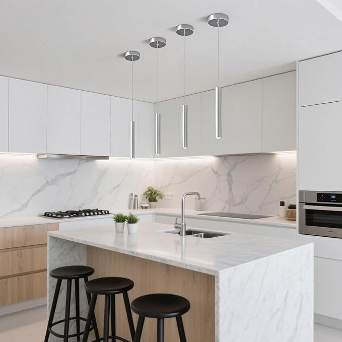 Modern LED Pendant Light Fixtures Chrome Long Tube Pendant Lights 2 Pack Pendant Lighting for Bedroom Dining Room Bar Kitchen Island Hanging Light Height Adjustable, 3000K, 11.8inch