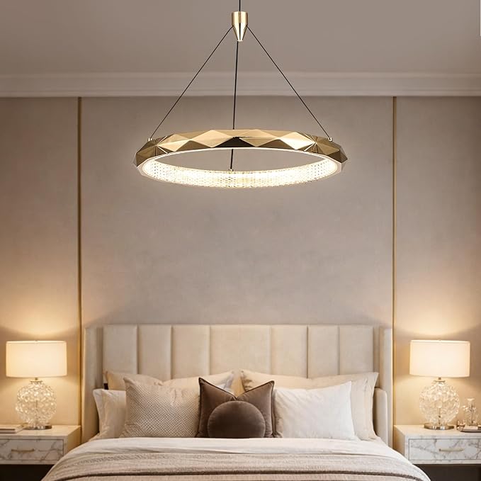 HEYAN Modern Gold Ring Chandelier, 16-Inch Faceted Geometric LED Pendant Light, Dimmable 3-Color Changeable Island Lighting, 25W Luxury Acrylic Crystal-Effect Ceiling Fixture for Dining Room & Kitchen