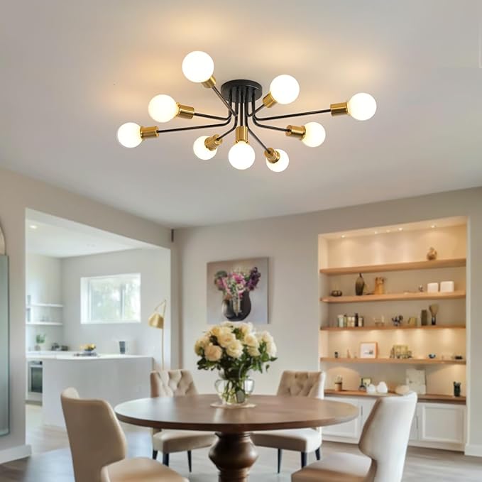 9-Lights Semi Flush Mount Ceiling Light Fixture Black and Gold,Modern Sputnik Semi Flush Mount Chandelier for Office Kitchen Bedroom Dining Room Living Room