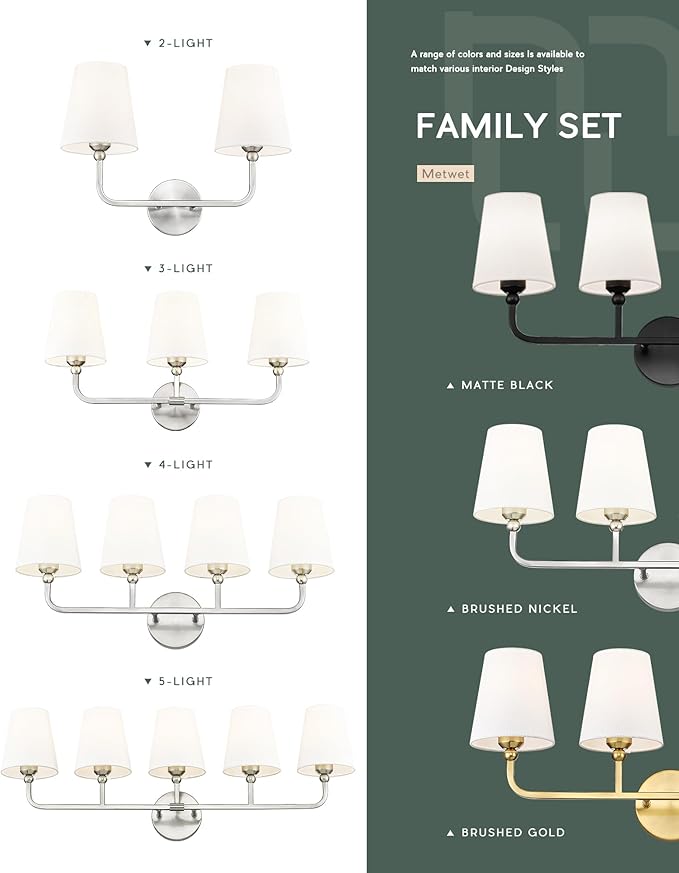 2-Light Bathroom Light Fixtures, Brushed Nickel Vanity Lights, Double Wall Sconce with Flared White Fabric Shade, Modern Sconces Wall Lighting for Hallway Bedroom Stairway, VL837-BN-2