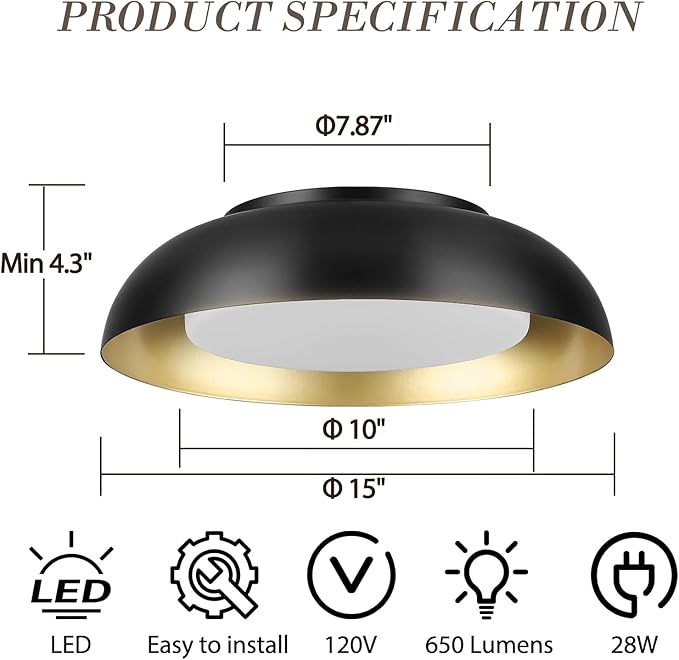 15in LED Flush Mount Ceiling Light, 28W Dimmable Ceiling Light Fixtures with Frosted Glass, Black and Gold Finish Modern Ceiling Light for Bedroom Kitchen Living Room, 3CCT, OS-DY2001-BK
