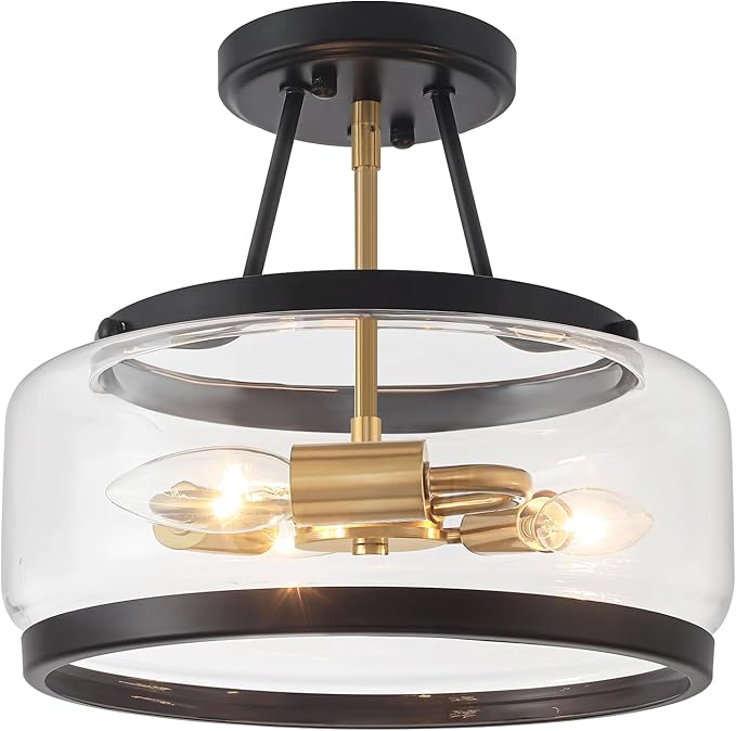 11.81" Black and Brushed Gold Close to Ceiling Light Fixtures, 3-Light Modern Drum Light Fixture, Hallway Ceiling Light, Glass Ceiling Lamp for Entryway Bedroom Laundry Room Dining Room Kitchen Lights