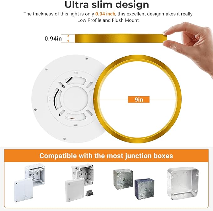 slochi 1Pack LED Flush Mount Ceiling Light Fixture, 9 Inch Light Fixture, 3000K-4000K-6500K Round Flat Bedroom Lights, Closet Round Surface for Bathroom Laundry Bedroom Hallway