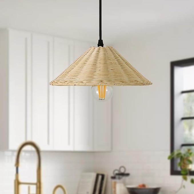 TERLEENART Hard Wired Rattan Pendant Lights Set of 2,Farmhouse Coastal Woven Wicker Ceiling Light with 10.65” Cone Shade, Boho Wired Mounted Hanging Chandelier for Bedroom Dining Room Kitchen Island