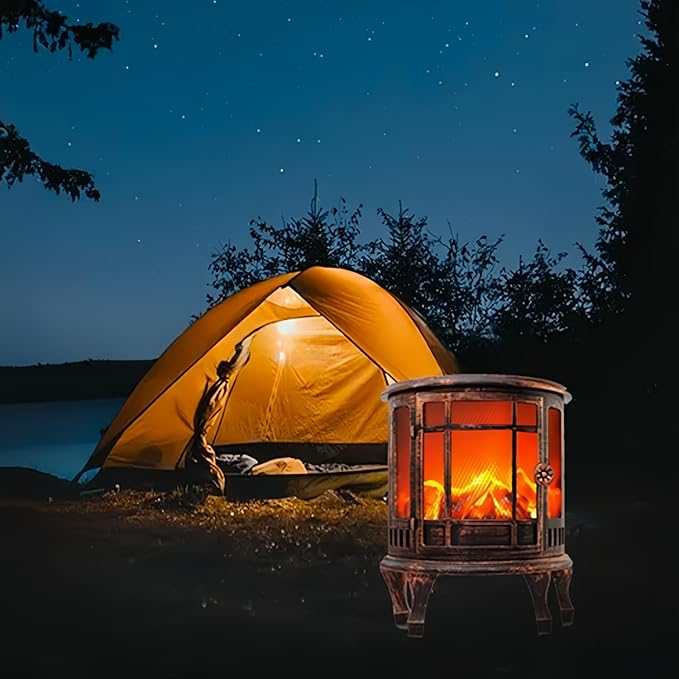 Simulated LED Fireplace Lantern USB & Battery Powered Flameless Light with Emulation Flame Table Decorative Lamp Copper Fireplace Ornament for Cozy Home Decor Free Standing Electric Log Burner