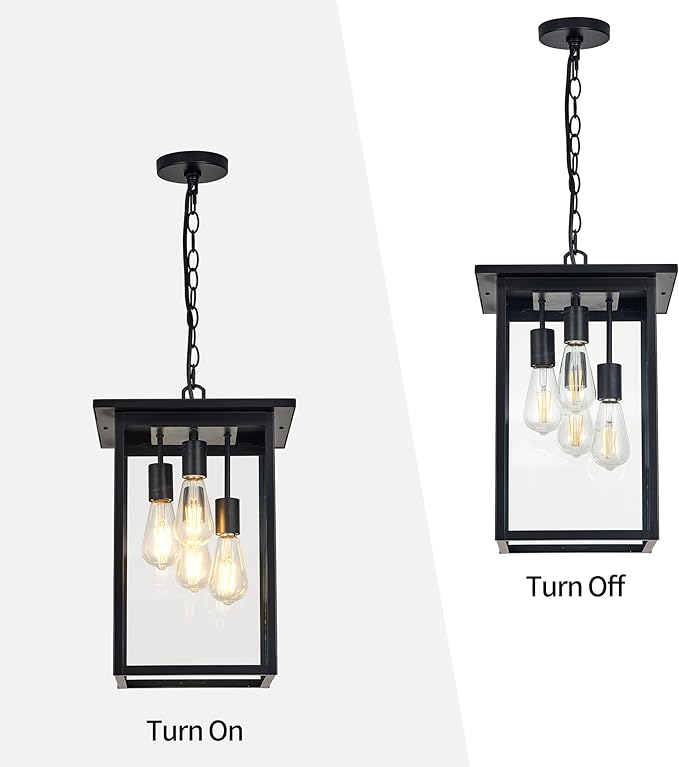 Large Outdoor Pendant Light Fixtures 4-Light Black Exterior Hanging Lantern with Clear Glass Outside Chandelier for Porch Front Door House Front Porch Entrance Foyer Entryway(Bulb Not Included)