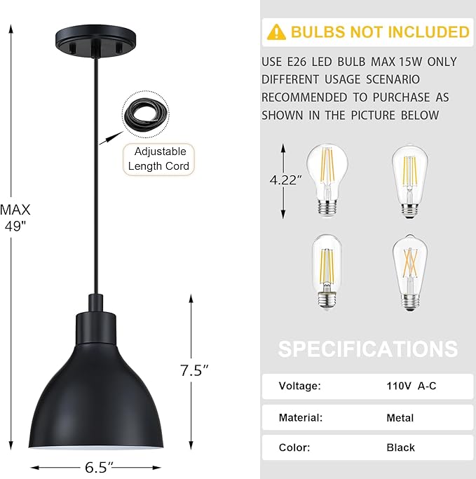 Single Hanging Kitchen Island 6.5" Drum Industrial Metal Pendant Ceiling Light Fixtures for Over Sink,Dining Room,Corridor,Entryway,Hallway 2 Pack Black