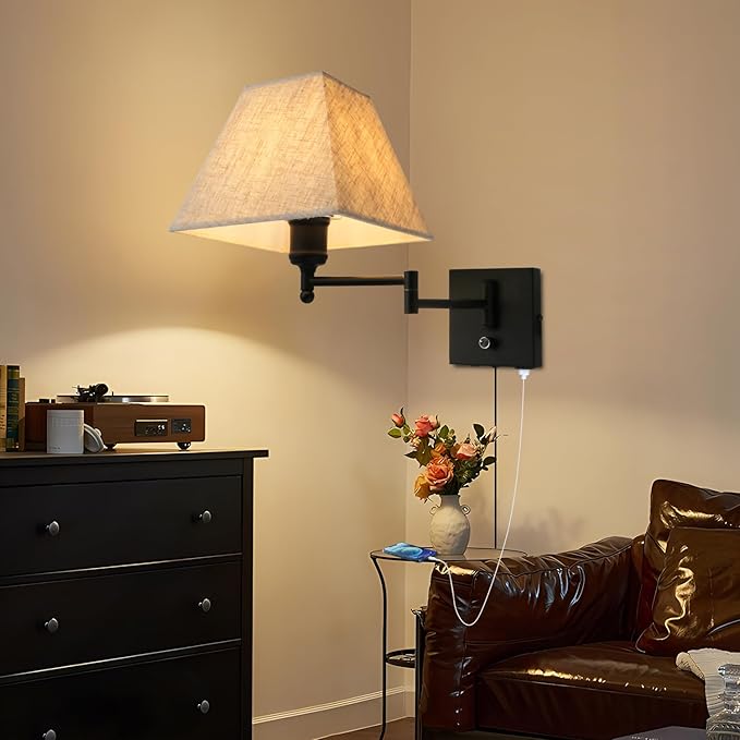 13" Modern Swing Arm Wall Lamp Plug in Wall Sconce with USB and Type-C Port Wall Mounted Lamp with Dimmable Switch Black Wall Sconce Beige Fabric Shade Suitable for Hallway Bedroom Living Room