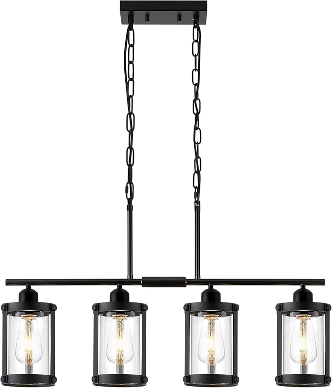 4-Light Kitchen Island Lighting, Black Linear Dining Room Light Fixtures with Clear Glass and Chain, Modern Farmhouse Chandelier Pendant Light for Kitchen Island Dining Room, OS-3014-4ISBK