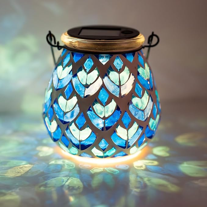 Stargarden Mosaic Solar Lanterns, Table Lamp for Garden ,Patio,Yard Decor Blue Glass Hanging Lantern Waterproof Outdoor Hanging Solar Lights