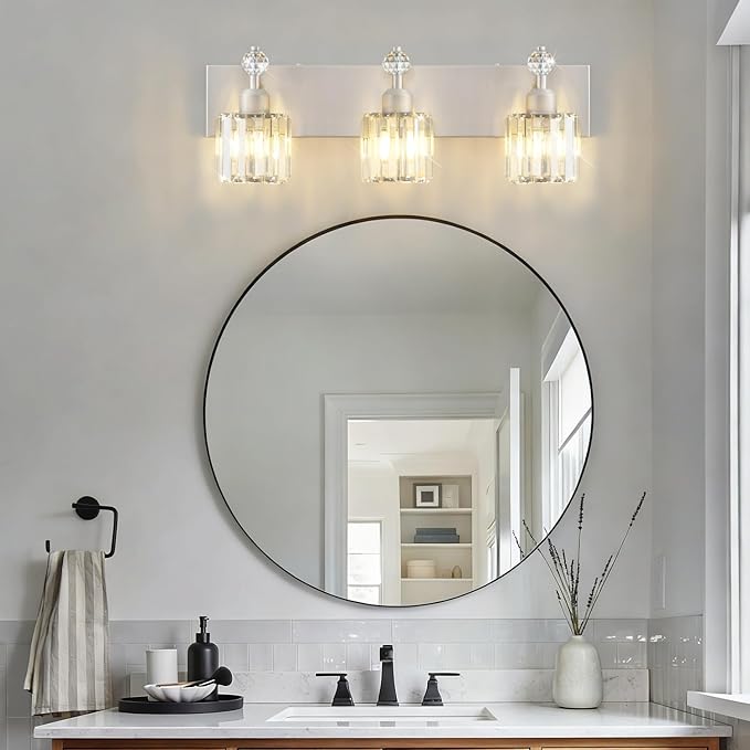 PRESDE 3-Light Crystal Bathroom Vanity Light, Brushed Nickel Bath Lighting Over Mirror, Modern Wall Sconce Fixture