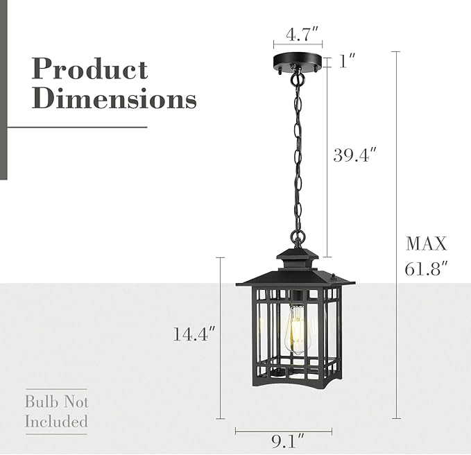Emliviar 14.4" Hanging Lantern Light Fixture in Black Finish, Dusk to Dawn Modern Outdoor Porch Chandelier with Clear Glass Shade, 100W Max, XE309H-M-PC BK