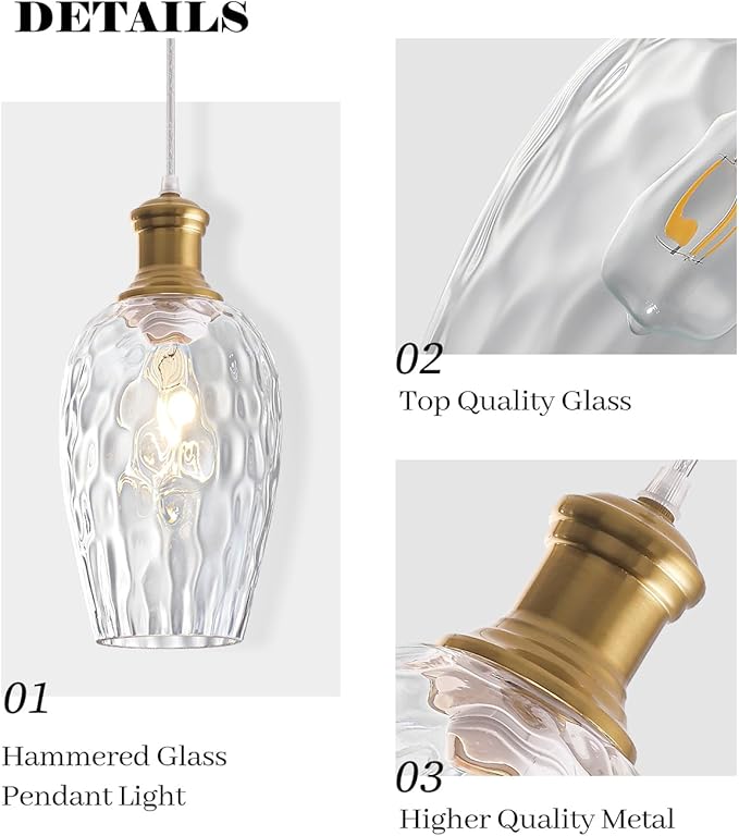 Gold Pendant Lights Kitchen Island, 6.3” Blown Hammered Glass Pendant Lights, Vintage Clear Glass Pendant Light 2-Pack, Modern Pendant Light for Kitchen Island, Dining Room, Bathroom,Cafe