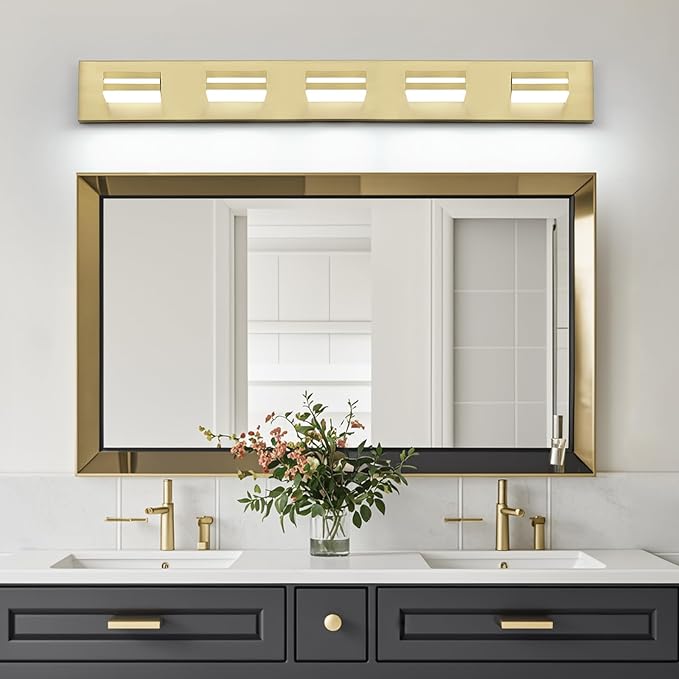 OKELI 5 Light Bathroom Vanity Light Gold Modern 36W LED Dimmable Vanity Light Over Mirror 350° Adjustable Lamp Head Cold White 6000K ETL Listed 36.2Inch