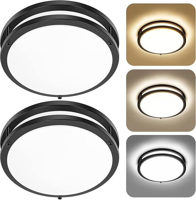 12 Inch Flush Mount Ceiling Lights, 36W 3200LM Black Dimmable Light Fixtures Ceiling Mount, 3000K-5000K Selectable Modern Kitchen Light Fixtures for Stairwell, Balcony, Corridor, Laundry (2-Pack)