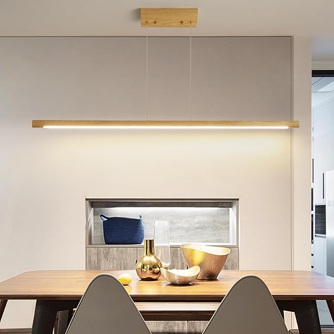Modern Wooden Pendant Light, 39IN White Ash Wood Chandelier with Remote Control 3000k-6500K Adjustable Color Temperature,Aluminum Island Lighting Lamp for Dining Room, Living Room B