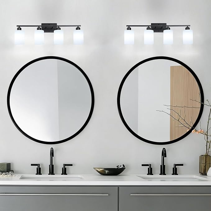 SOTTAE 4-Light Bathroom Vanity Lights, Modern Vanity Lighting with Milky White Shades, Anti-Rust Black Bathroom Light Fixtures Over Mirror, Bathroom Wall Lamp for Mirror Bathroom Living Room Cabinet