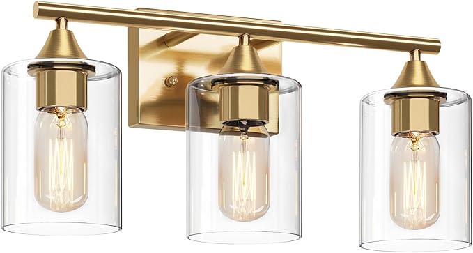 Gold Bathroom Light Fixtures,3-Light Vanity Lights,Modern Brushed Brass Gold Wall Sconce Lighting,Bathroom Wall Lamp for Mirror Bedroom Living Room Vanity Table Hallway