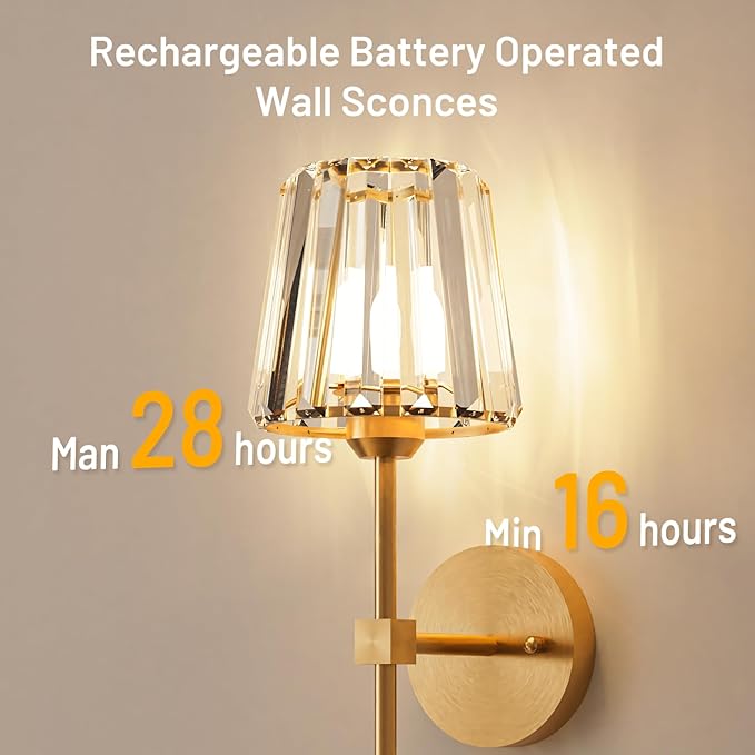 Crystal Battery Operated Wall Sconces Set of 2, Gold Rechargeable Wireless Wall Sconce Lights with Crystal Lampshade, 12 RGB and 3CCT Dimmable Wall Lamps with Remote for Bedroom Living Room Hallway