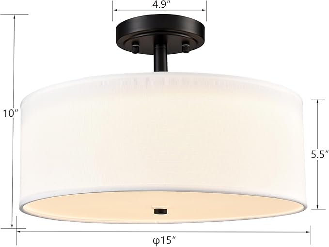 Black Dimmable LED Ceiling Light 30W 3000K/4500K/5500K 15-Inch Modern Farmhouse Drum Light Fixtures Matte Black Semi Flush Mount Lamp for Bedroom Hallway Living Room