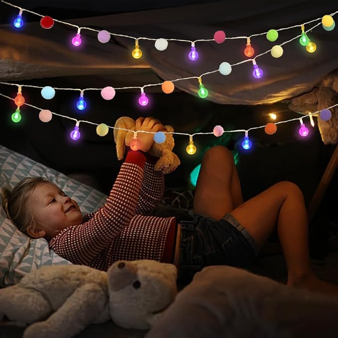 ChiRee 9.85FT String Lights with 20 Cute Pompoms 20 Colorful Bubble Ball LED Indoor String Lights Battery Operated with Timer for Home Bedroom Kids Playhouse Birthday Wedding Party Holiday Christma