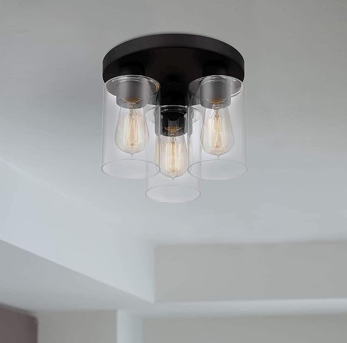 Debo Modern Farmhouse 3-Light Flush Mount Ceiling Light Fixture with Clear Glass Shade in Dark Bronze Finish for Hallway, Entryway, Passway, Bedroom, Garage, Kitchen, Balcony Living Room