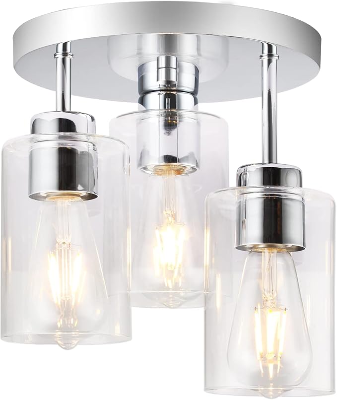 Semi Flush Mount Ceiling Light 3-Light Chrome Flush Mount Ceiling Light Fixtures with Clear Glass Shade, Modern Kitchen Ceiling Light for Bedroom Stairs Porch Hallway Entryway, E26 Socket
