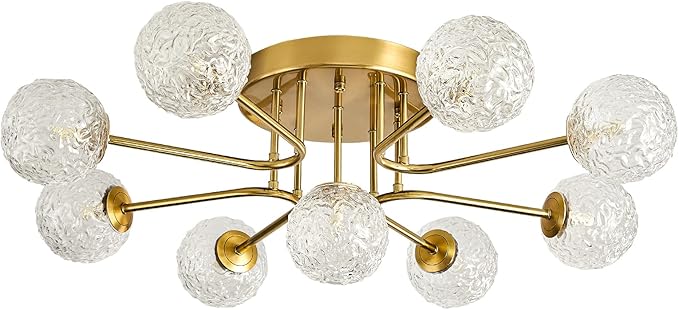 Sputnik Semi Flush Mount Ceiling Light Gold Glass Globe Chandelier Ceiling Lighting Mid Century Modern 9 Lights Bubble Chandelier for Dining Living Room Bedroom