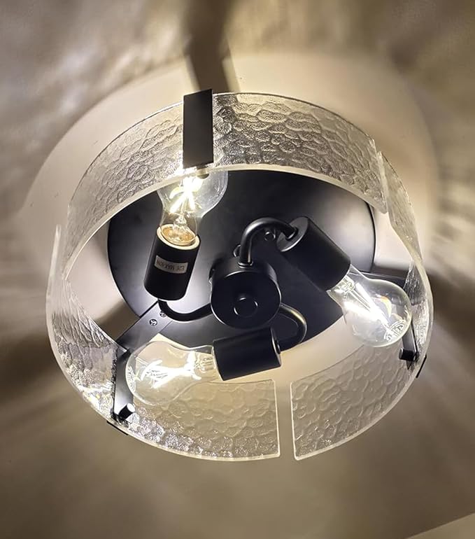 CLAXY Farmhouse Ceiling Light Fixture 3-Light Black Hallway Ceiling Light with Handmade Textured Glass Drum Shade, Dimmable Flush Mount Light for Bedroom Entryway Kitchen