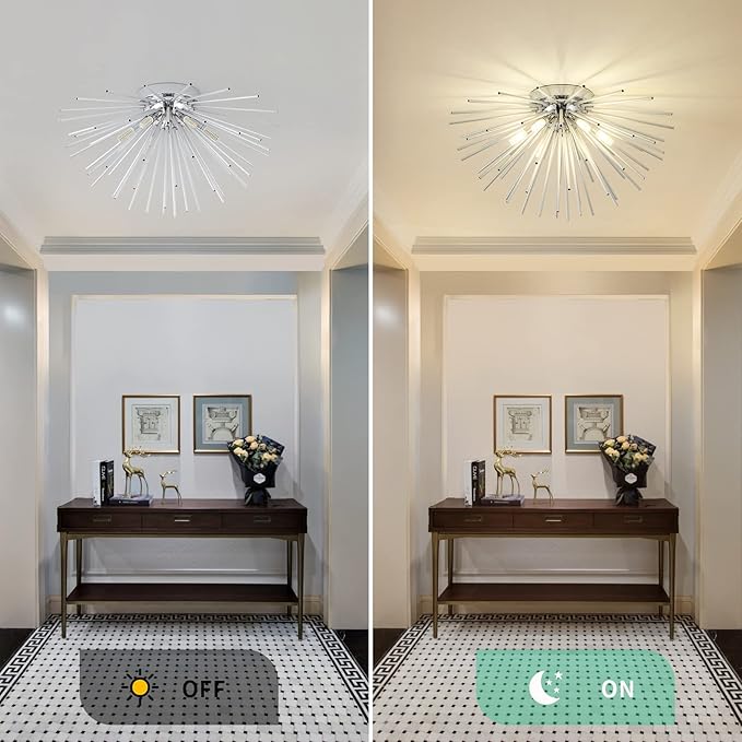 CM MZY Sputnik Flush Mount Ceiling Light Fixture, 6-Light Chrome Firework Ceiling Lights, 19.6" Modern Chandeliers Close to Ceiling Lamp for Bedroom Kitchen Hallway Entryway, G9 Socket