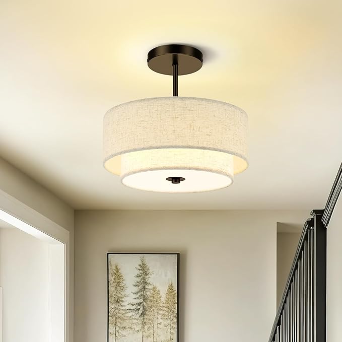 AUTELO Black Semi Flush Mount Ceiling Light, 3-Light 12" Flush Mount Ceiling Light in Black Finish with Drum Fabric Shade for Hallway Bedroom Kitchen, C2506 BK-12