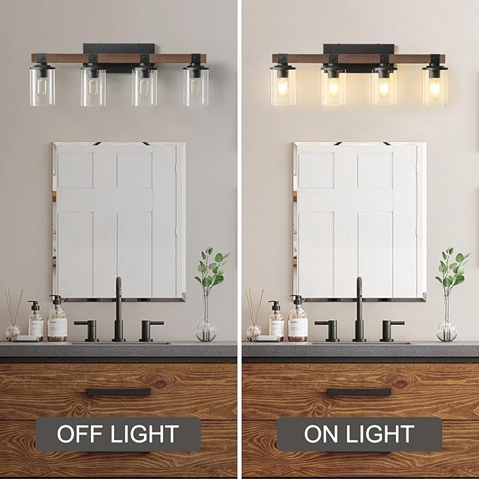 Bathroom Vanity Light Fixtures 4 lights, Wooden Farmhouse Vanity Lights Rustic Bathroom Lights over Mirror with Clear Glass Shade Black Industrial Wall Sconce for Bathroom Bedroom Hallway Kitchen