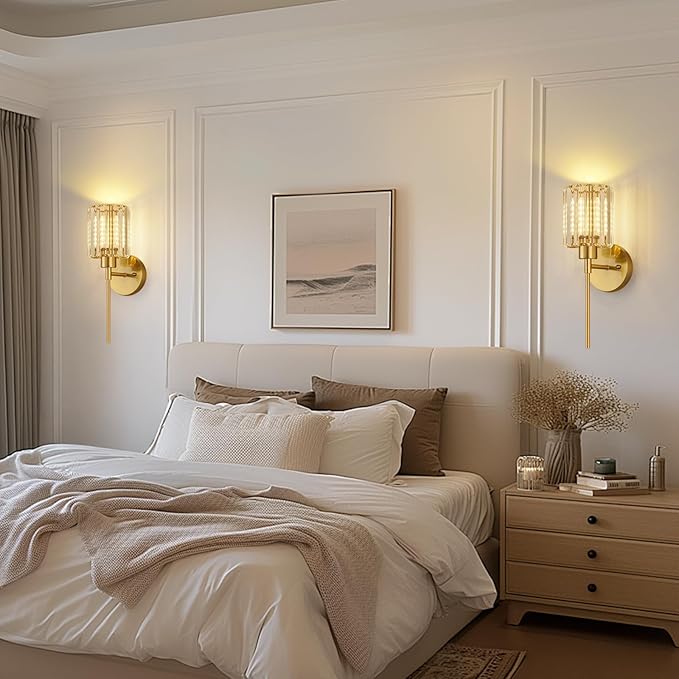 Crystal Battery Operated Wall Sconces, Brushed Gold Rechargeable Wireless Wall Sconce Lights with Dimmable Bulbs and Remote, 12 Colors and 3CCT Dimmable Crystal Lamps for Living Bedroom, 3000~6000K