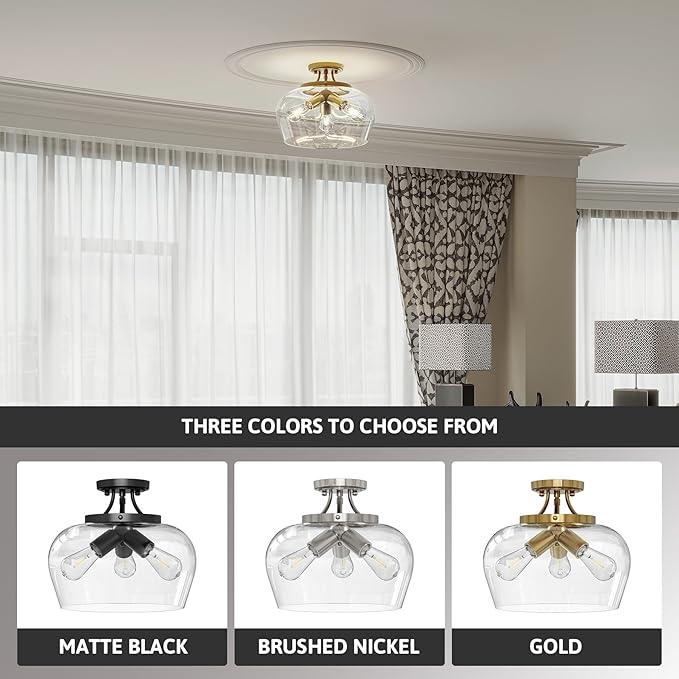VONLUCE Semi Flush Mount Ceiling Light, 13.8" Ceiling Light Fixture with Clear Glass Shade, E26 Base, 3-Bulb Industrial Lighting Fixture for Hallway Entryway Bedroom, Brushed Gold, ETL Certificated