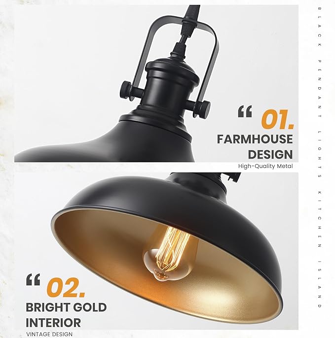Farmhouse Pendant Lights, 11.4" Black Pendant Lighting for Kitchen Island, 2 Pack Kitchen Island Lighting, Industrial Vintage Hanging Light Fixtures for Barn, Dining Room