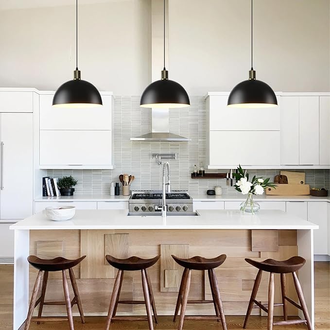 Black Pendant Lights Kitchen Island 3 Pack, 11.8" Modern Black and Gold Pendant Light Fixtures Dome Farmhouse Hanging Lights for Sink Dining Room Hallway Entryway