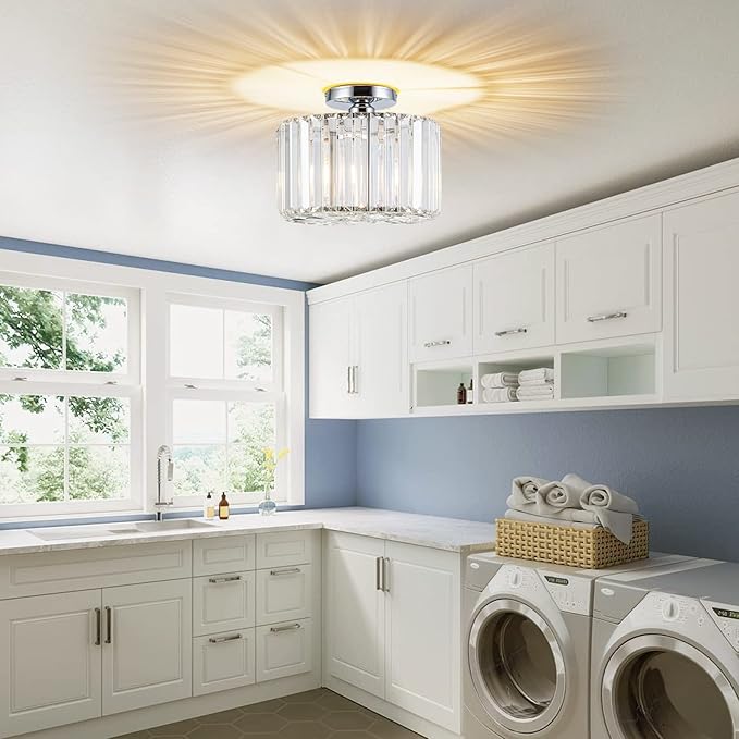 HOPGGIE 10.6" Semi Flush Mount Ceiling Light Mini Small Crystal Chandeliers Modern Hallway Light Fixtures Ceiling Flush Mount Ceiling Light Fixture for Entryway Bedroom Bathroom Living Room