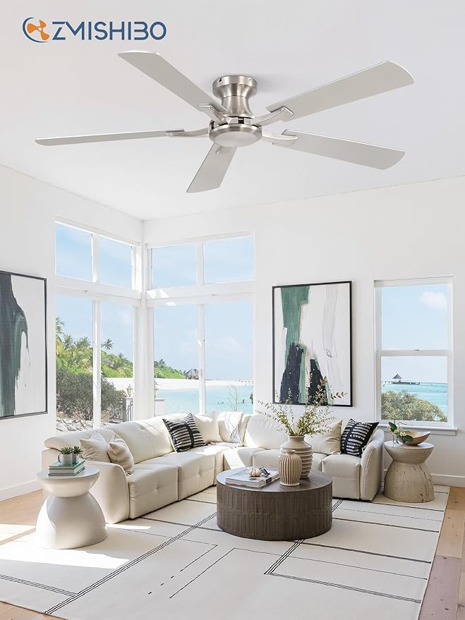 ZMISHIBO 52 Inch Ceiling Fan No Light, Flush Mount Low Profile, Modern Nickel Ceiling Fan Without Light, Remote Control & Quiet DC Motor, for Indoor&Outdoor, Bedroom, Living Room