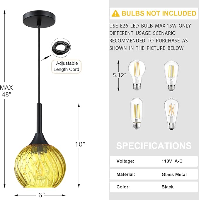 1 Light Pendant Ceiling Light Hanging Modern Farmhouse Indoor Fixture 6" Yellow Textured Glass Black Finish Dinning Over Sink Kitchen Island